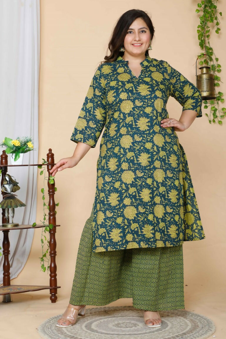 Miravan Women's Plus Size Green Floral Pure Cotton Kurta With Sharara | Grocsy