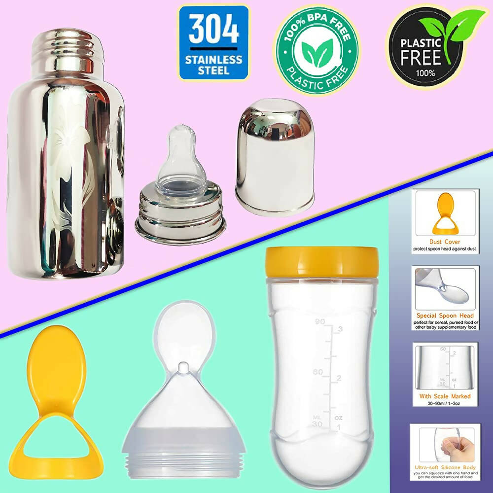 Goodmunchkins Stainless Steel Feeding Bottle, Food Feeder & Fruit Feeder Combo for Baby-(Blue-Green, 220ml) | Grocsy