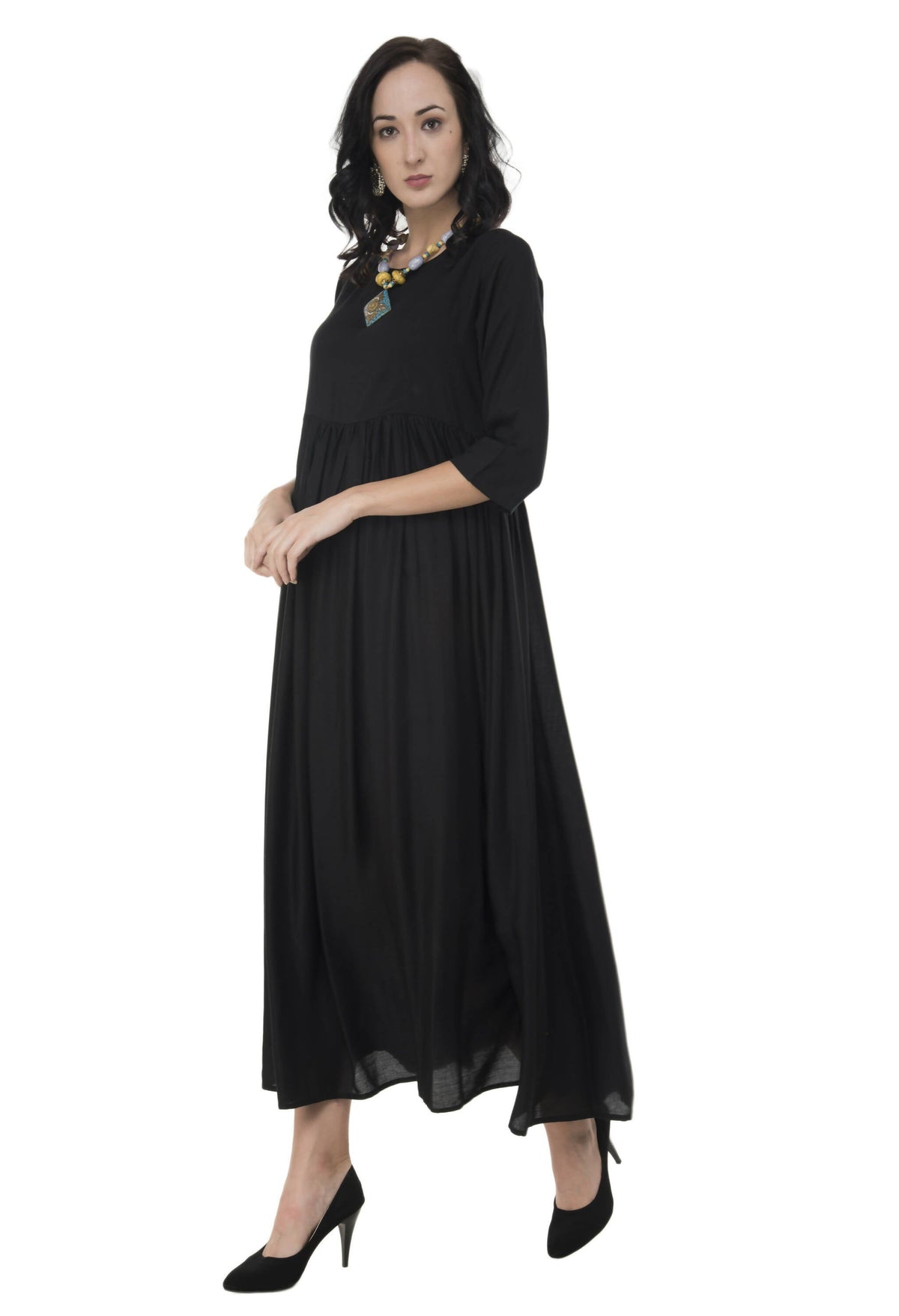 Women's Black Flared Kurti With Front Round Neck And Back Neck With Deep With Dori And Tassels - G & A Apparels | Grocsy