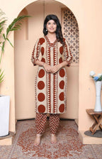 Miravan Womens Brown Pure Cotton Kurta With Palazzo Set | Grocsy