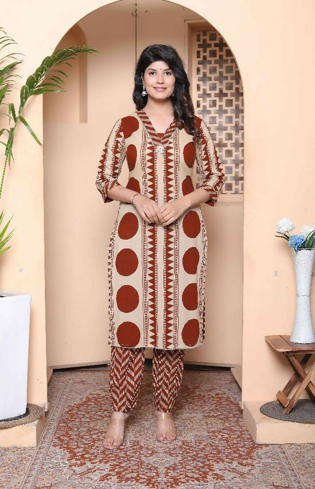 Miravan Womens Brown Pure Cotton Kurta With Palazzo Set | Grocsy