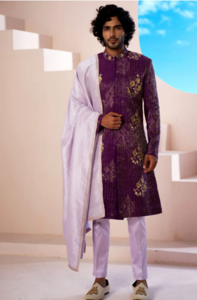 Purple Elegance Sherwani With Zardosi And Gold Embellishments by Hilo Design | Grocsy