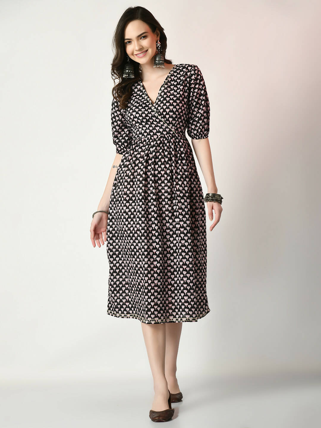 Myshka Women's Black Empire Printed Dress | Grocsy