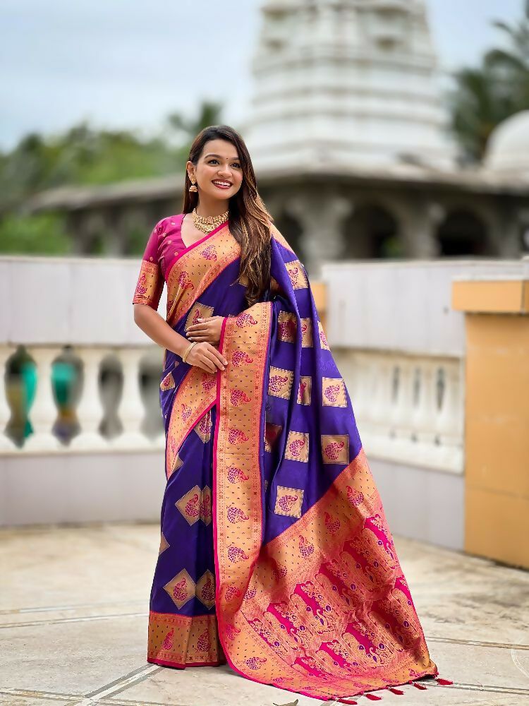 PR Fashion Violet Soft Banarasi Silk With Zari Weaving Meenakari Design Saree | Grocsy