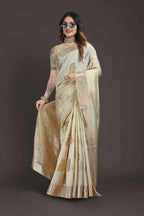 Off White Pure Raw Silk Zari Woven Saree with Unstitched Blouse Piece - Alisha | Grocsy