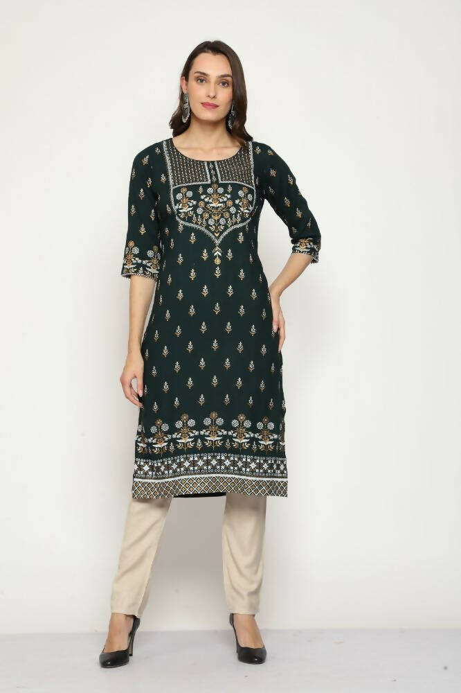 Maai Rayon Hand Printed Kurta Green | Grocsy