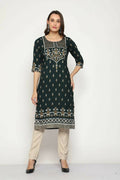 Maai Rayon Hand Printed Kurta Green | Grocsy
