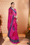 Pink Chiffon Abstract Printed Saree With Unstitched Blouse Piece - Rajal | Grocsy
