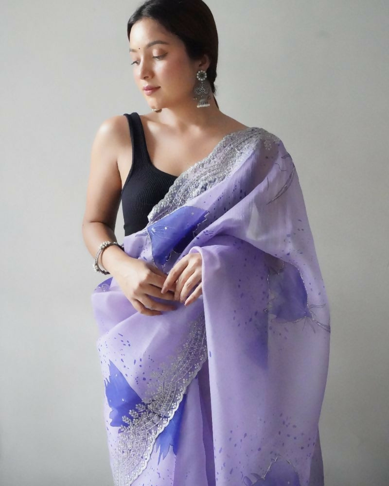 Vamsee Shirovastra Print Lavender Organza Saree | Grocsy