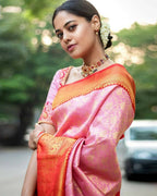 DEIANA'S Beautiful Designer Golden zari Soft Lichi Silk Saree - Peach | Grocsy