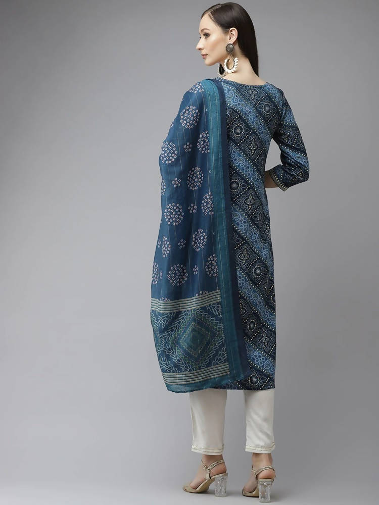 Yufta Women Blue Bandhani Printed Regular Gotta Patti Kurta with Palazzo & With Dupatta | Grocsy