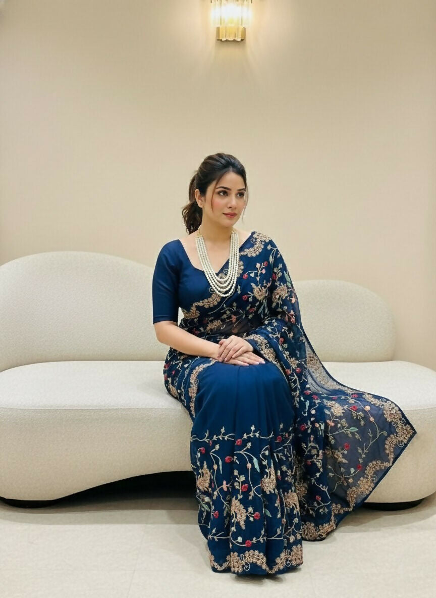 Teeya Creation Womens New Trendy Party Wear Wedding Collection Silk Saree-Blue | Grocsy