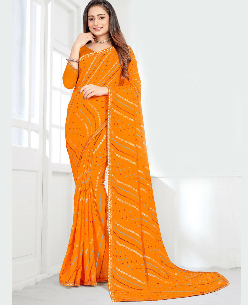 Mustard Georgette Bandhani Printed Saree With Unstitched Blouse Piece - Jyoti | Grocsy