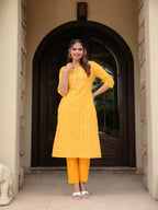 Aramya Straight Kantha Cotton Woven Design Print Women's Kurta - Yellow | Grocsy