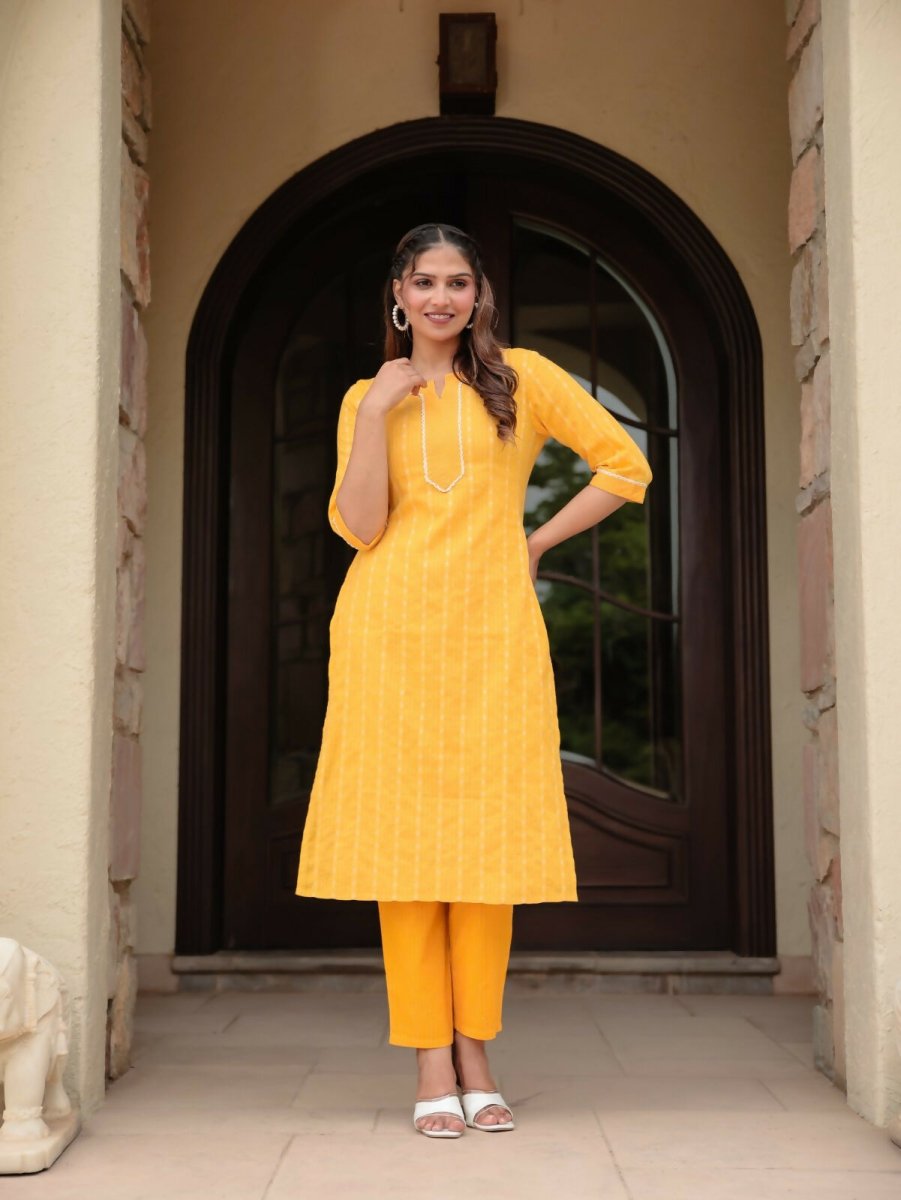 Aramya Straight Kantha Cotton Woven Design Print Women's Kurta - Yellow | Grocsy