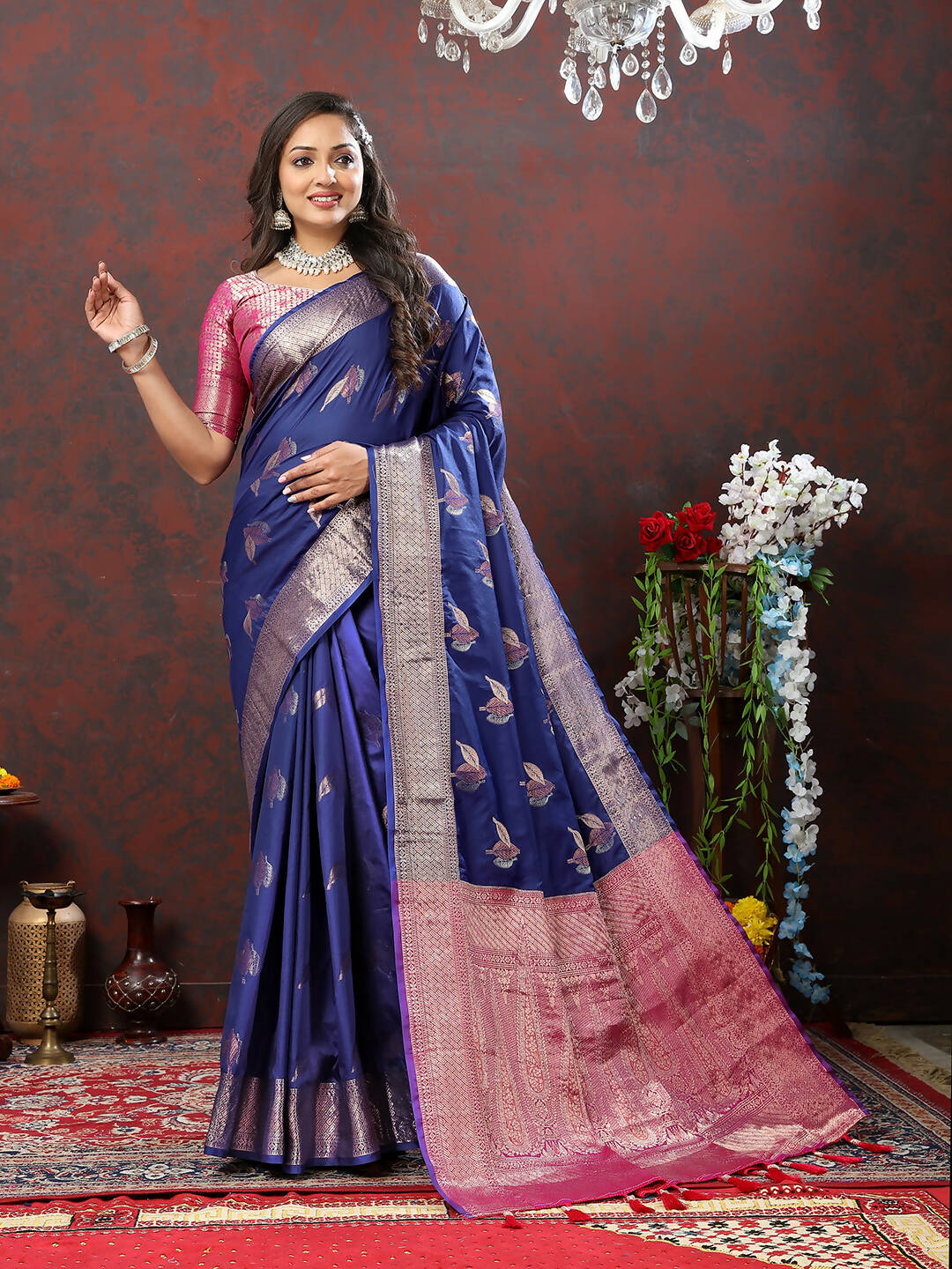 Lorenvalley Fashion Navyblue Soft Silk Woven Design Zari Weaving Saree | Grocsy