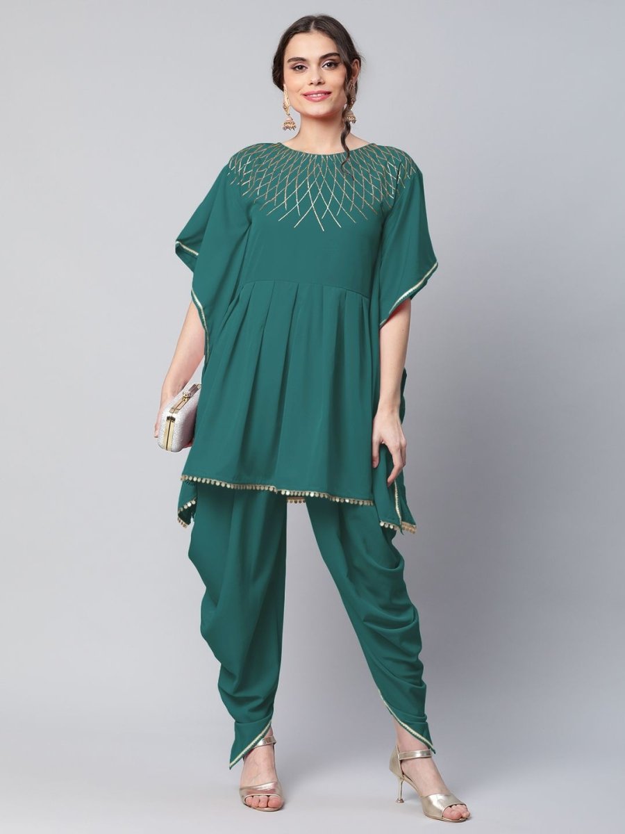 Ahalyaa Women Dark Green Crepe Glitter Printed Kurta with Dhoti Pants | Grocsy