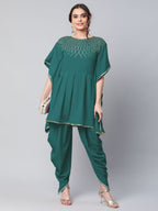Ahalyaa Women Dark Green Crepe Glitter Printed Kurta with Dhoti Pants | Grocsy