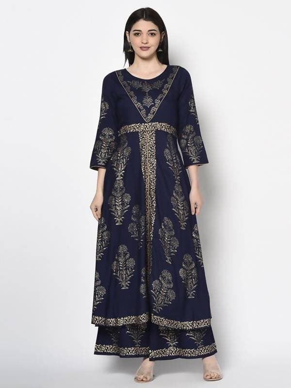 Aniyah Rayon Navy Blue Color Foil Print Anarkali Kurta (AN-192K) | Grocsy
