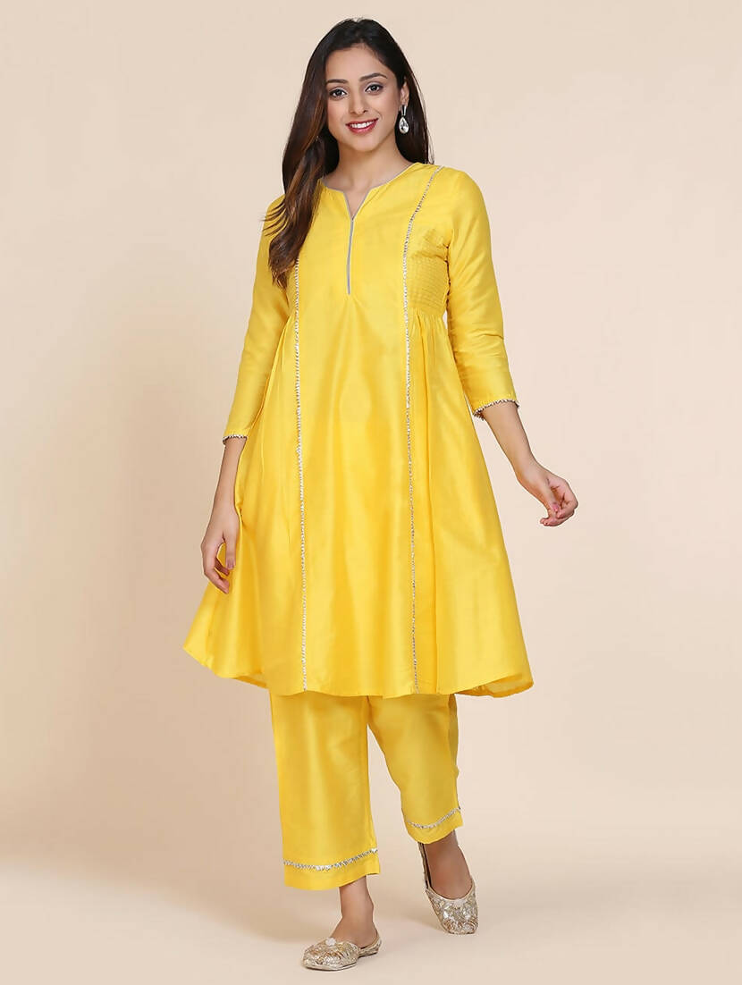 Cheera Women's Yellow Silk Blend With Gota Work Frock Dress With Silk Straight Pant Set | Grocsy