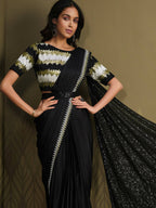 Black Crepe Silk Sequence Embroidered Saree With Stitched Blouse - Mohmanthan La Belle | Grocsy