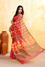 Piyari Fashion Women's Red Embellished Cotton Blend Jamdani Saree | Grocsy