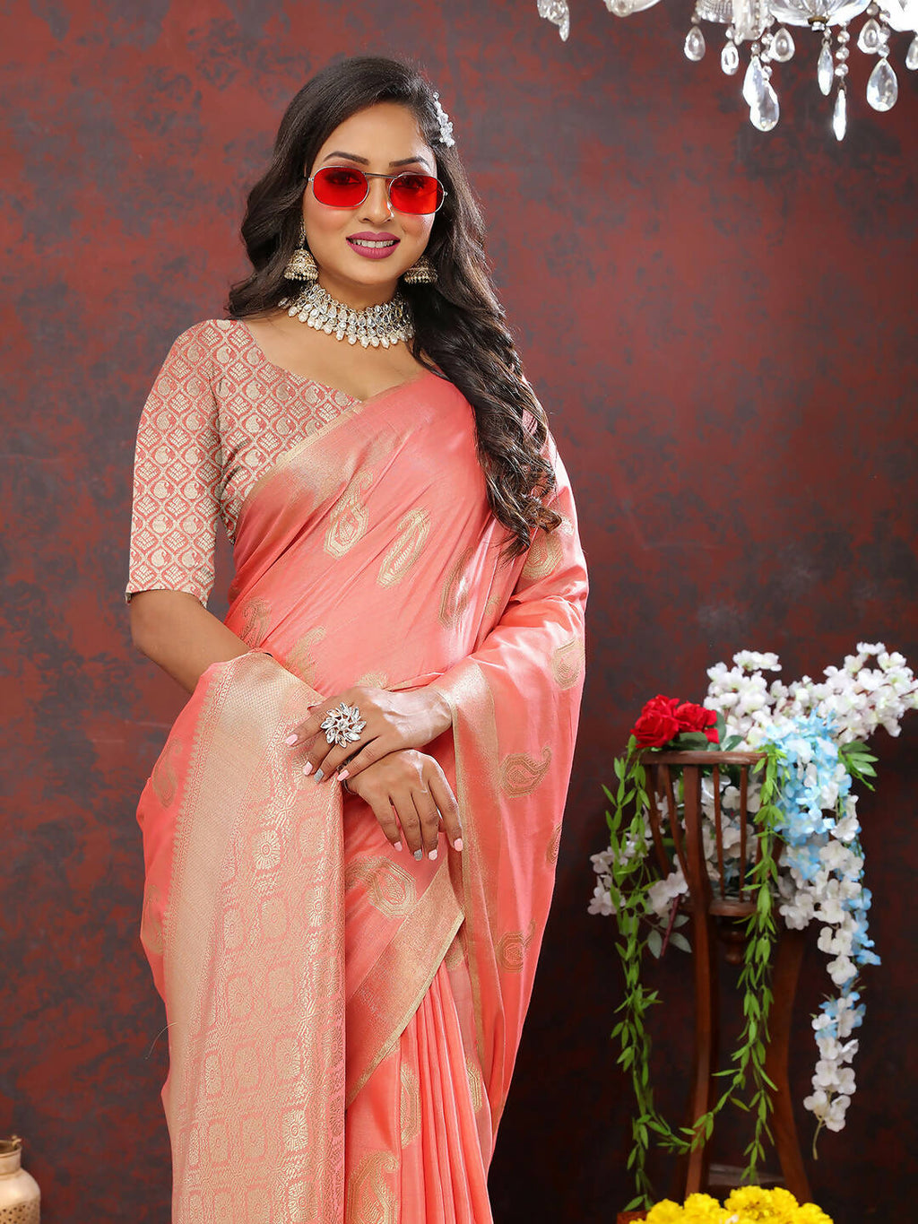 Lorenvalley Fashion Peach Cotton Woven Design with Zari Weaving Design Saree | Grocsy