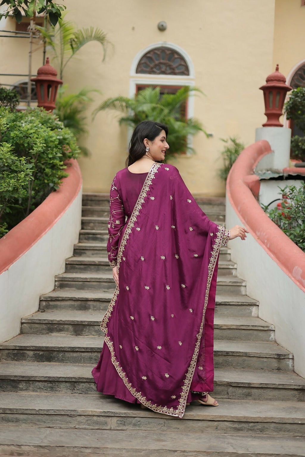 Joban Fashion Wine chinon Sequence Embroidery Work Kurta Set | Grocsy