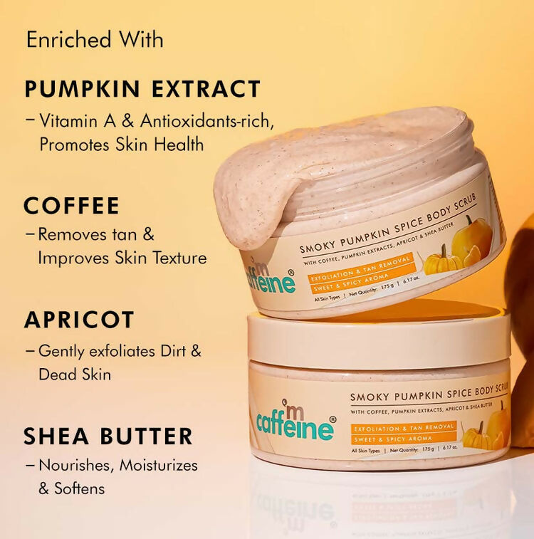 mCaffeine Smoky Pumpkin Spice Body Scrub, Exfoliates, Removes Tan, Sweet & Spicy Aroma | Grocsy