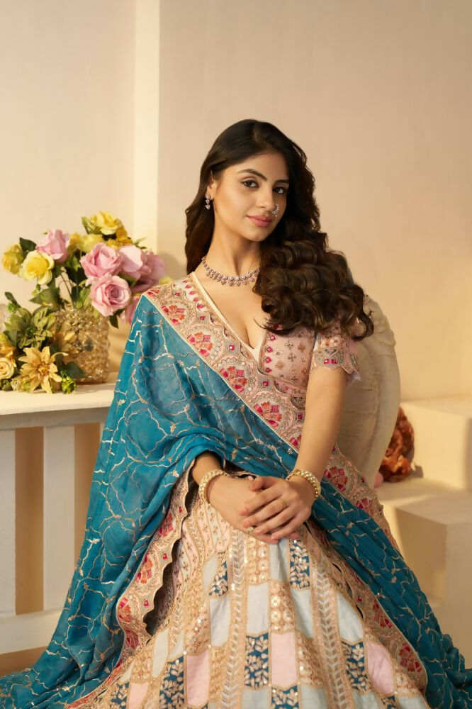 Kesar Fab Sky-Blue Silk Embroidered Lehenga | Grocsy