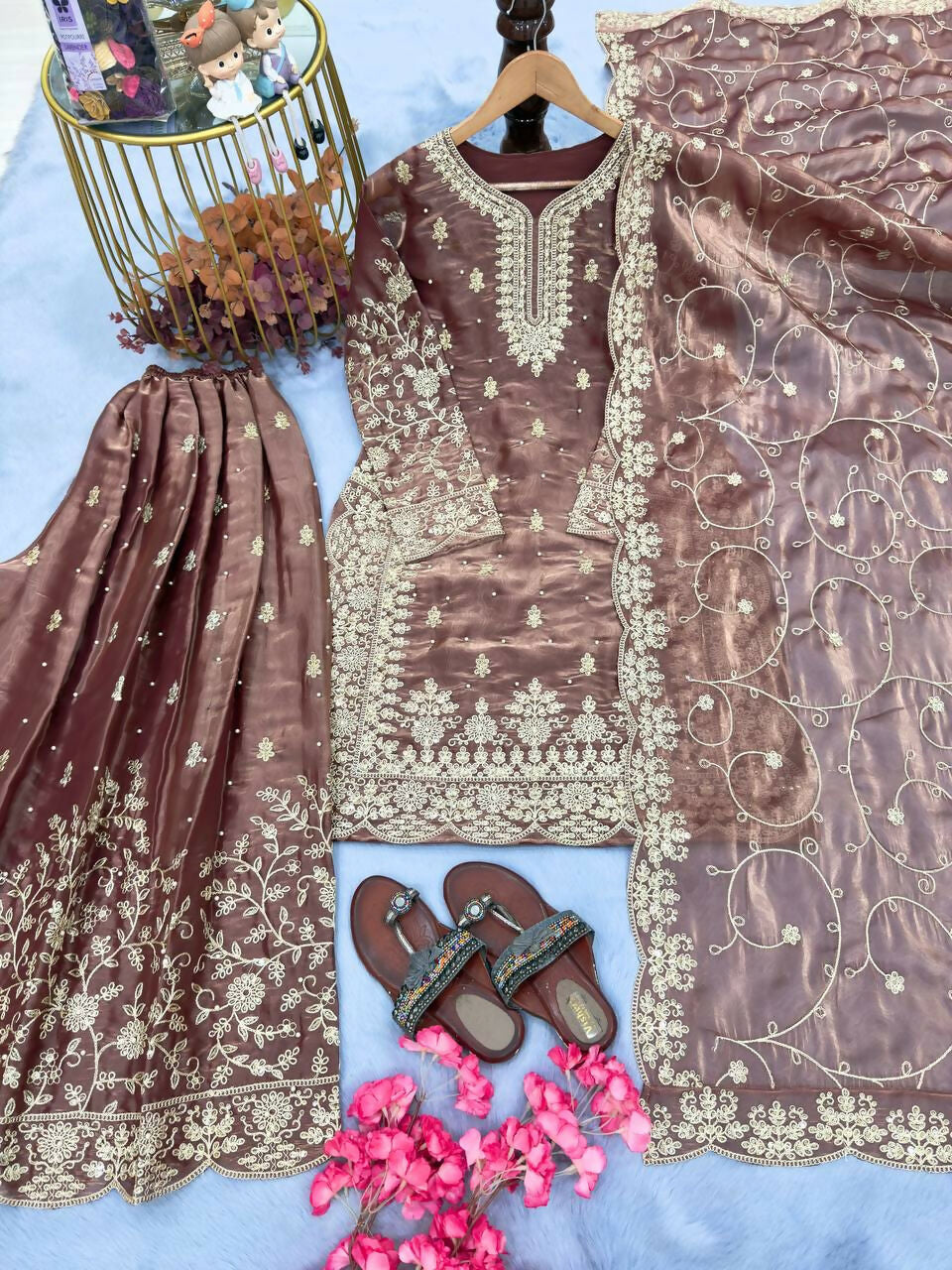 Teeya Creation Coffee Pure Silk Gimmy Silk Heavy Embroidery Work Wedding Wear Palazzo Pair | Grocsy
