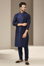 Raivat Ethnic Banarasi Art Silk Mirror Work Kurta Pajama In Navy Blue Colour | Grocsy