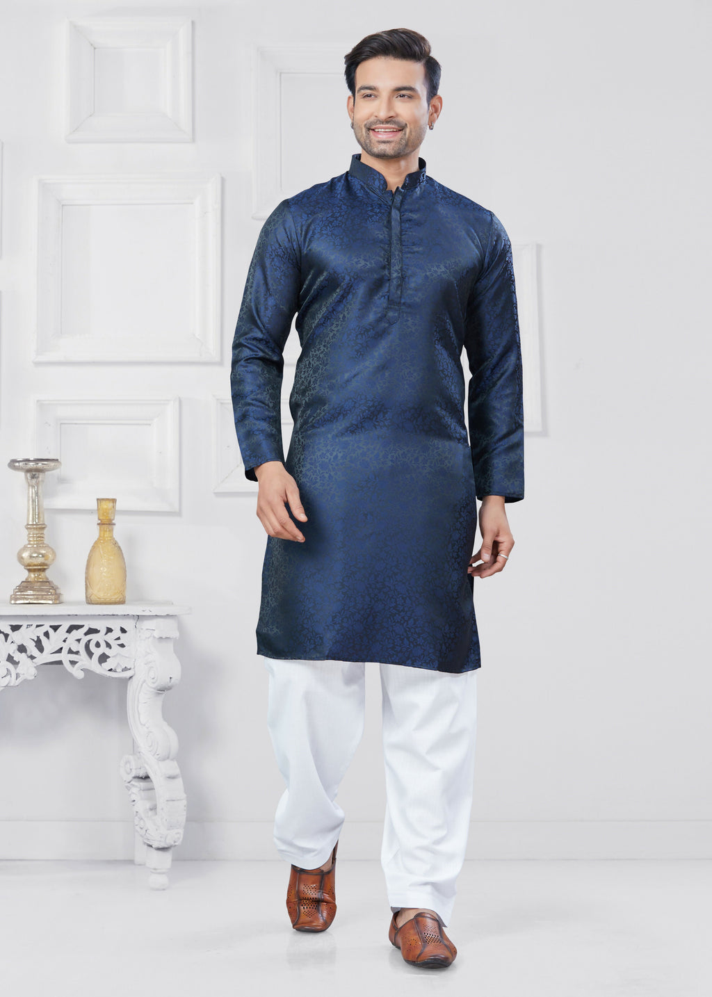 Joban Fashion Men's Jacquard Silk Navy Blue Printed Kurta Pyjama set | Grocsy
