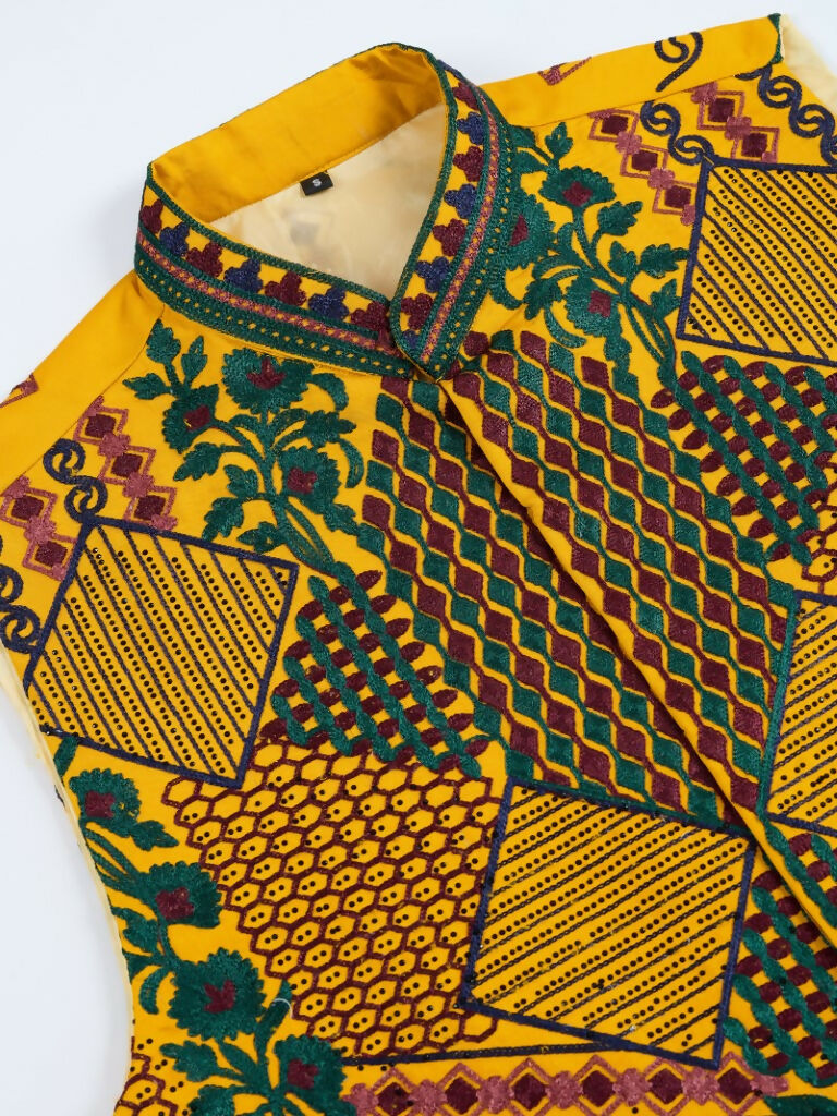 Vastranavya Yellow Exclusive Festival Viscose Silk Thread & Swarovski Embroidered Work Mens Wear Kurta & Koti | Grocsy