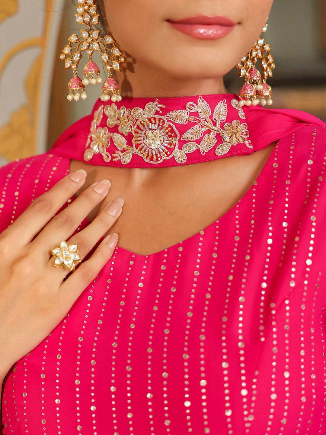 Janasya Pink Georgette Foil Print Lehenga Choli Dupatta | Grocsy
