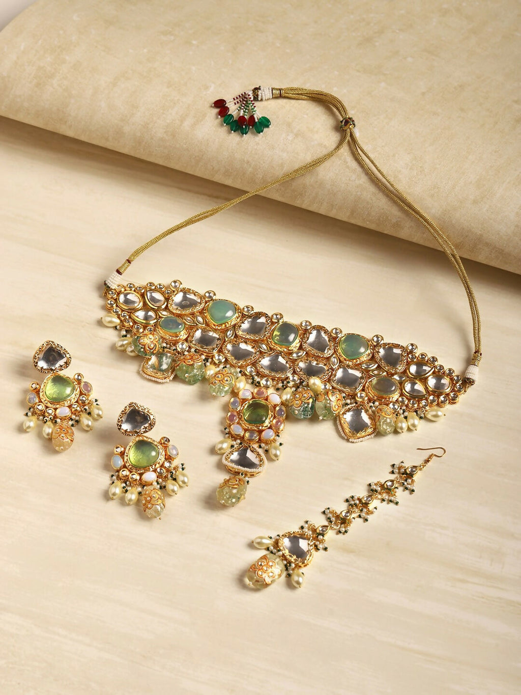 Green Maharani Kundan Neckpiece with Earrings and Maang Tikka- Ruby Raang | Grocsy
