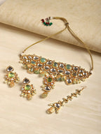 Green Maharani Kundan Neckpiece with Earrings and Maang Tikka- Ruby Raang | Grocsy