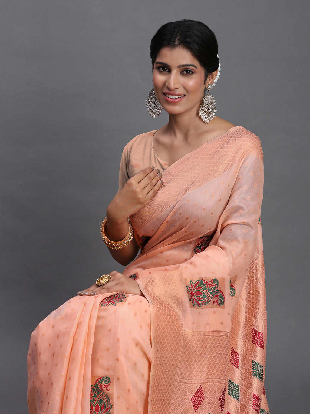 Shree Shyam Fashion Linen Cotton Peach Saree | Grocsy