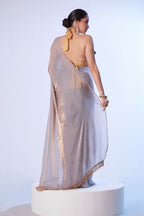 Lavender Satin Gold Organza Solid Designer & Lace Work Saree - Samaa | Grocsy