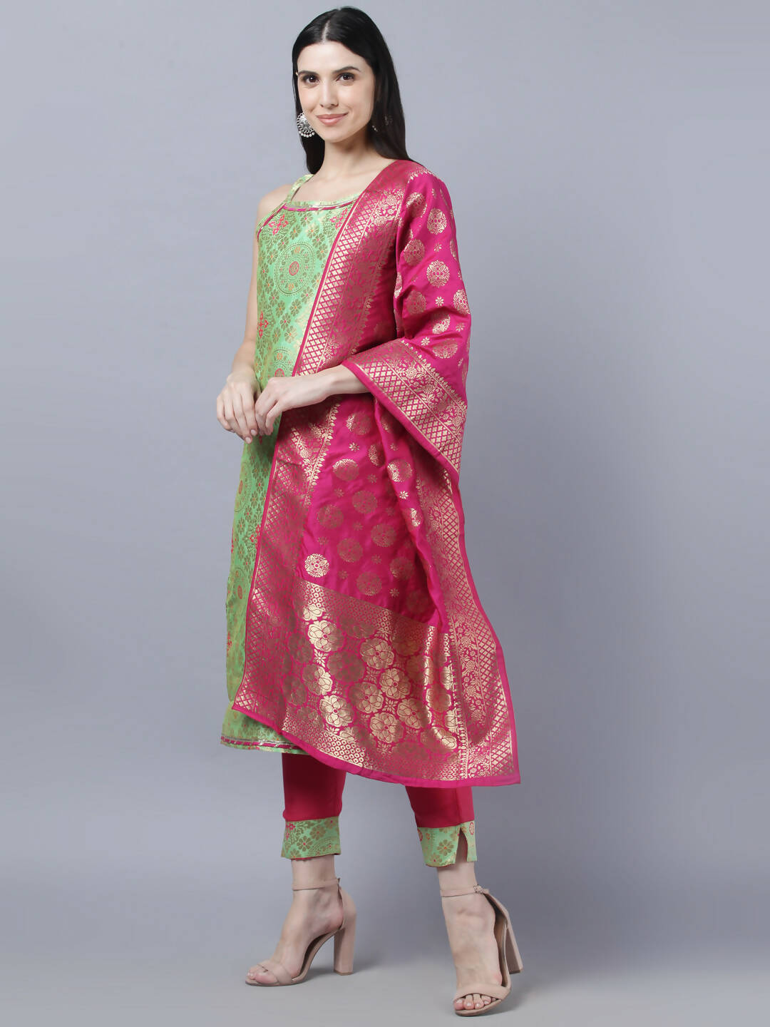 Myshka Women Green Ethnic Motifs Gotta Patti Kurta with Trousers With Dupatta Set | Grocsy