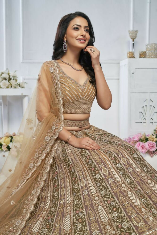 Kesar Fab Brown Net Embroidered Lehenga | Grocsy