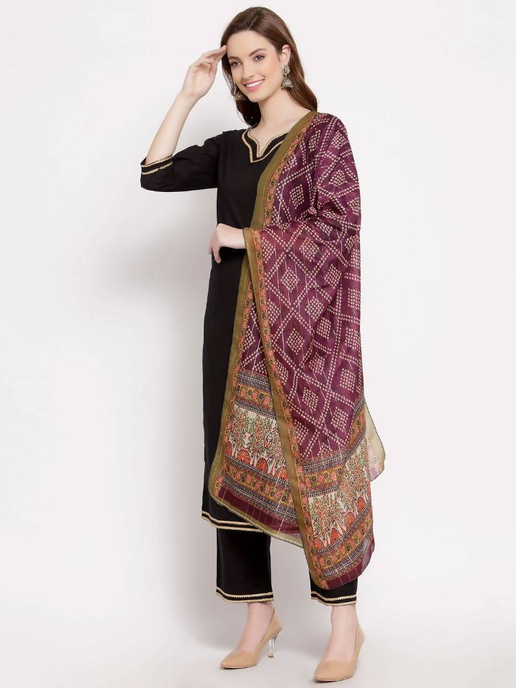Myshka Women's Black Cotton Half Sleeve V Neck Solid Casual kurta Pant Dupatta Set | Grocsy