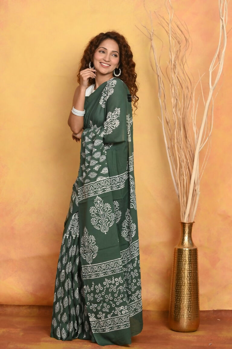 Very Much Indian Handblock Printed Cotton Saree With Natural Dyes - Green | Grocsy