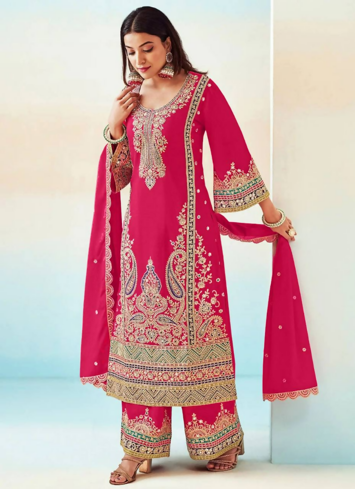 Lorenvalley Fashion Pink Chinon Embroidery With Sequince Work Salwar Kameez Stitched | Grocsy