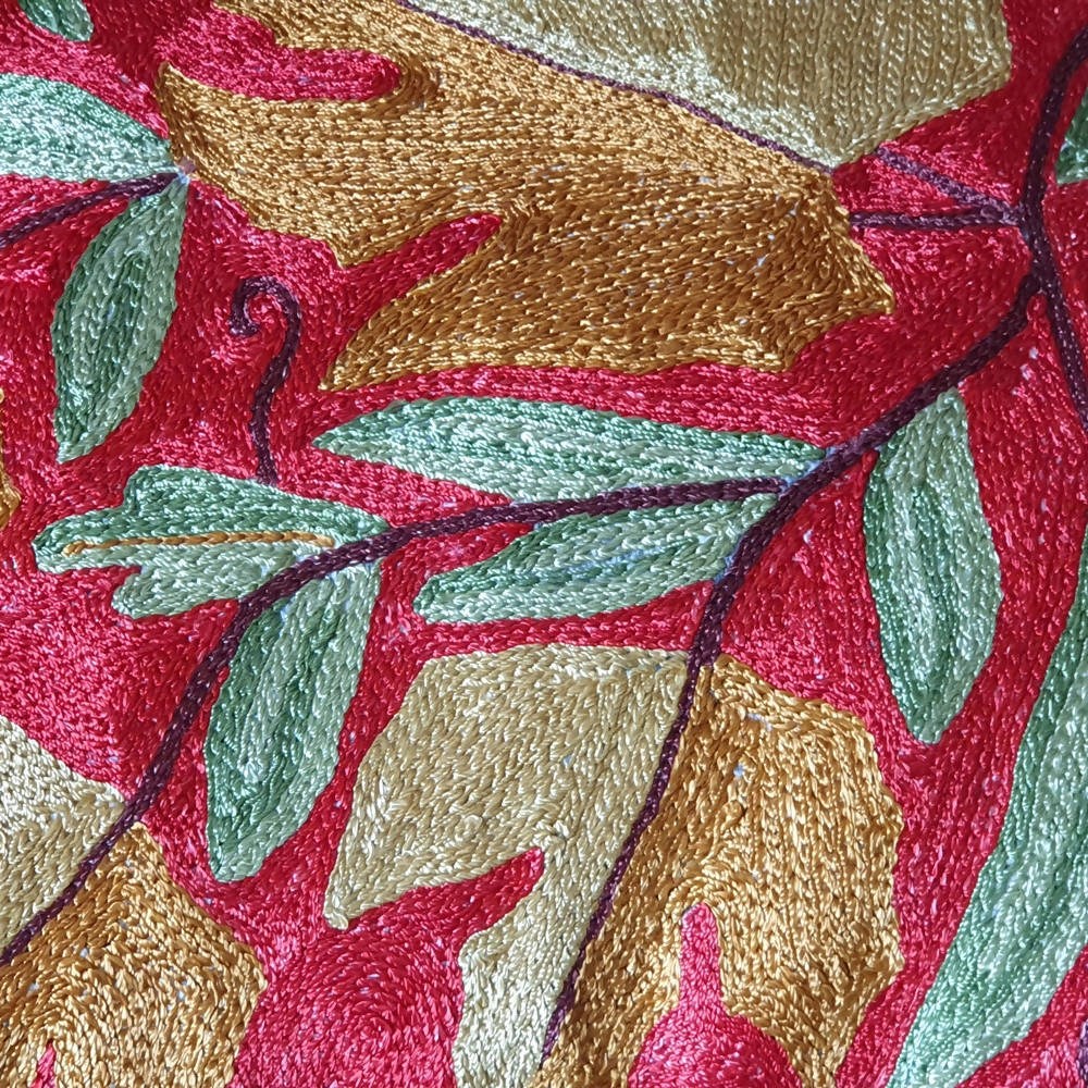 The Decor Nook Hand Embroidered Crewel Cushion Covers in Mustard Chinar Leaf Motif with Red Base | Grocsy