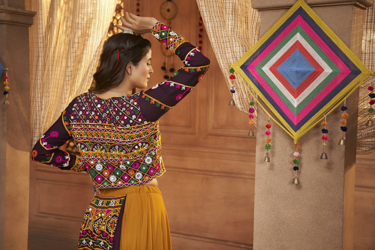 Mustared Yellow Viscose Rayon Thread Embroidered Work With Mirror All Over Navratri Lehenga Choli With Dupatta - Raas | Grocsy