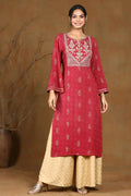 Juniper Wine Rayon Embroidered Straight Kurta | Grocsy