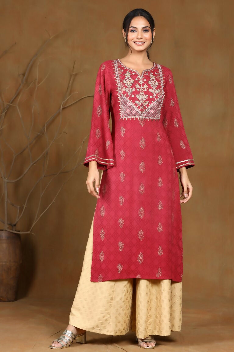Juniper Wine Rayon Embroidered Straight Kurta | Grocsy