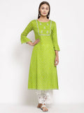 Myshka Women's Green Cotton Printed Full Sleeve Round Neck Casual Dress | Grocsy