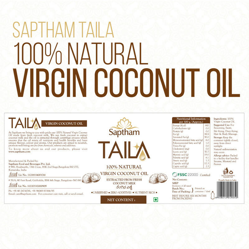 Saptham Taila 100% Natural Virgin Coconut Oil | Grocsy